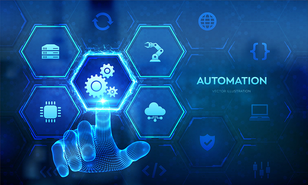 Automation Software. IOT and Automation concept as an innovation, improving productivity in technology and business processes. Wireframe hand touching digital interface. Vector illustration.