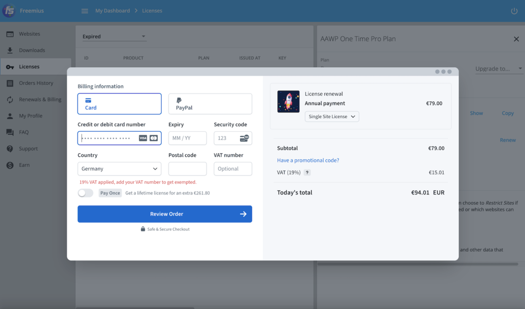 Aawp Freemius Account Renew License Checkout